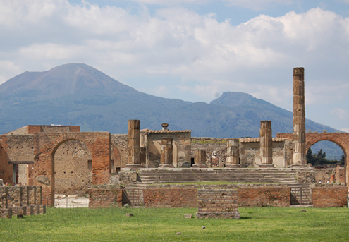 Temple of Jupiter in Pompeii with Mt. Vesuvius in the background